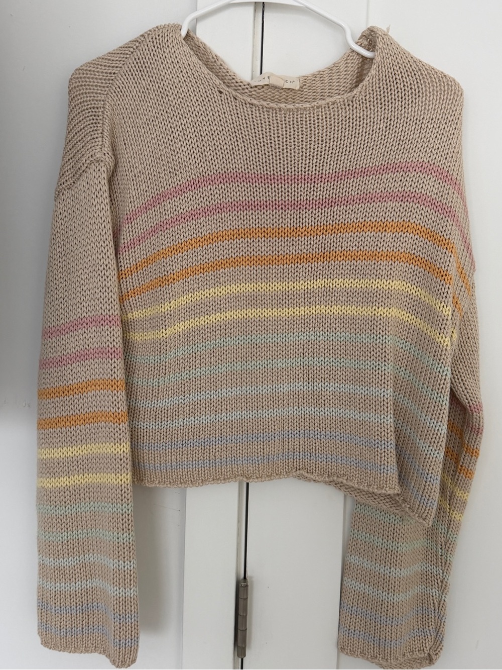 Lovestitch Beige Pastel Stripe Cropped Knit Sweater Size M